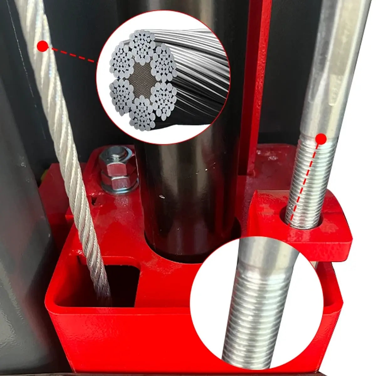 Detail view of cable bundle and threaded rod on Katool KT-M140XD 14,000 lb 2 post lift for smooth synchronized lifting