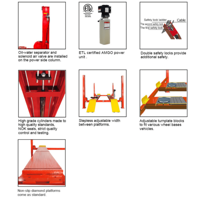 Detailed images of AMGO PRO-12ASX lift features including hydraulic system, safety locks, and adjustable turnplate pockets