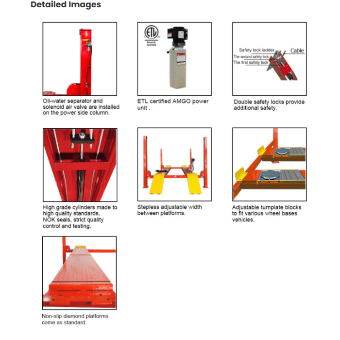 Detailed images of AMGO PRO-12A 4 post alignment lift features and components