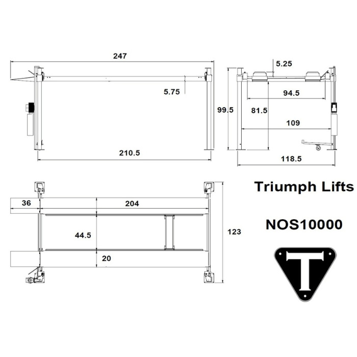 Dimension diagram for Triumph NOS10000 heavy-duty 10,000 lb four-post lift showing height and width