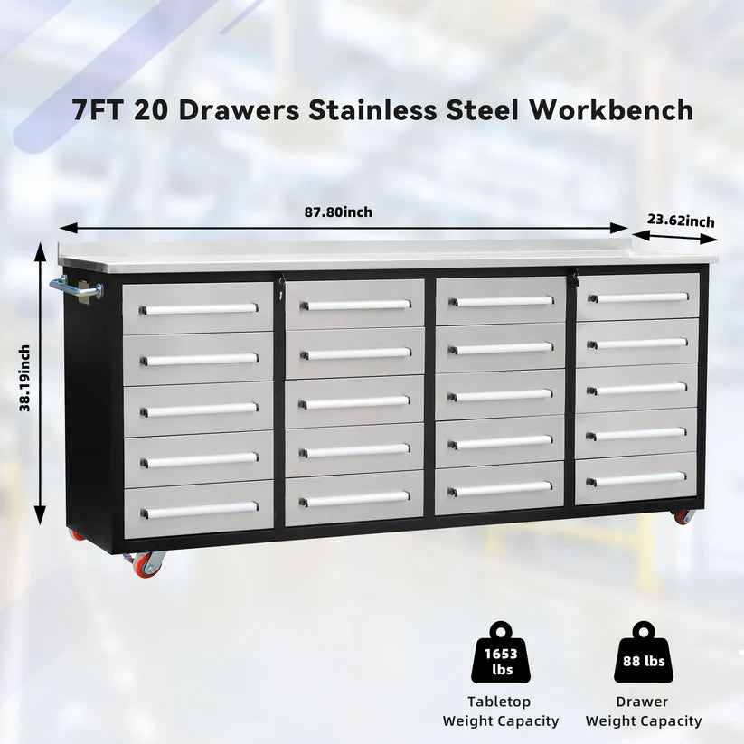 Dimension view of Chery Industrial stainless steel 7ft rolling drawer workbench