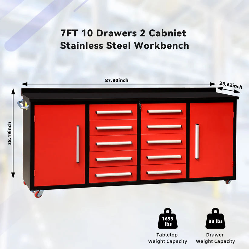 Dimension view of red Chery Industrial 7ft 10 drawer 2 cabinet stainless workbench