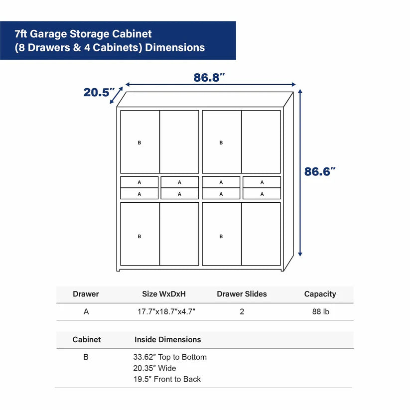 Dimensions diagram for 7ft garage storage cabinet system with 8 drawers and 4 cabinets WW000213