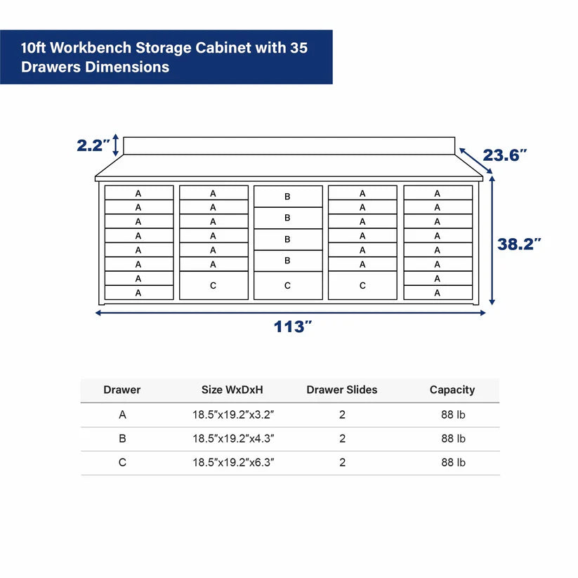 Dimensions diagram for Chery Industrial 10ft workbench storage cabinet with 35 drawers SUIWB1035BL01
