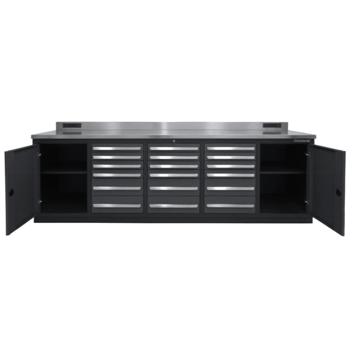 Doors open showing full cabinet storage on the gray Dragonfire Pro Series 9FT workbench with 18 drawers, model DFT-WB-18