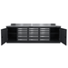 Doors open showing full cabinet storage on the gray Dragonfire Pro Series 9FT workbench with 18 drawers, model DFT-WB-18