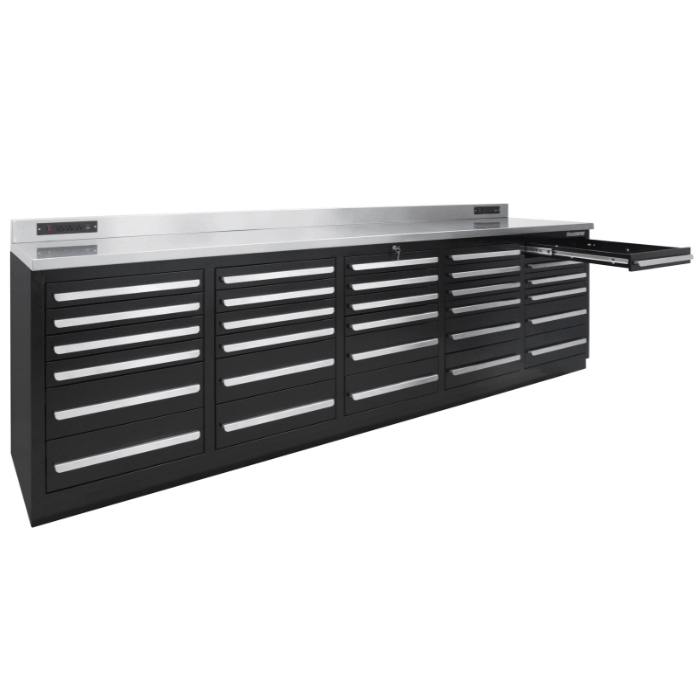 Dragonfire DFT-WB-30 gray 30 drawer workbench showing slide out side tray and stainless top