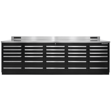 Dragonfire DFT-WB-30 gray 9 foot 30 drawer workbench straight on photo with full drawer layout