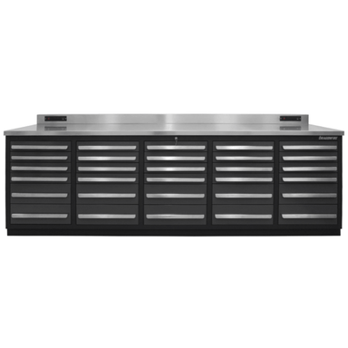 Dragonfire DFT-WB-30 gray 9 foot workbench with 30 drawers and stainless work surface straight on view