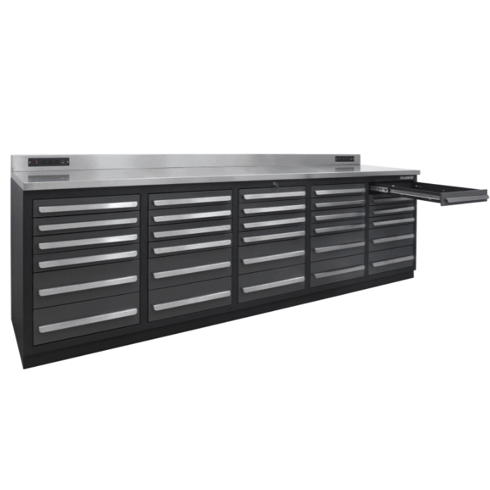 Dragonfire Pro Series gray 30 drawer 9ft workbench with slide out side shelf DFT-WB-30
