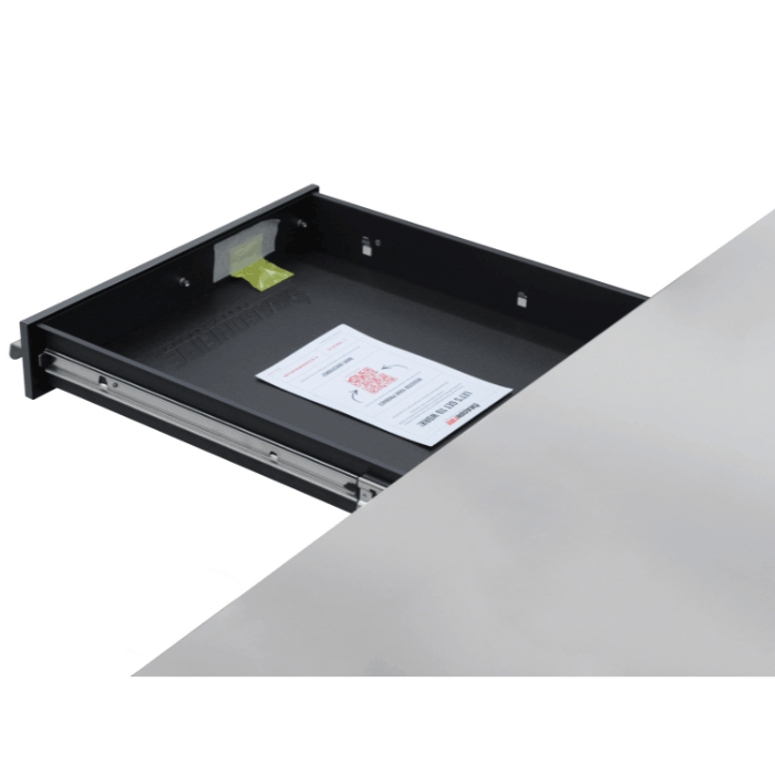 Dragonfire branding and built-in power strip on the stainless backsplash of the Pro Series 7ft workbench (DFT-WB-12)