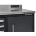 Dragonfire logo and stainless backsplash power outlet close-up on the gray Pro Series 9FT workbench (DFT-WB-18)