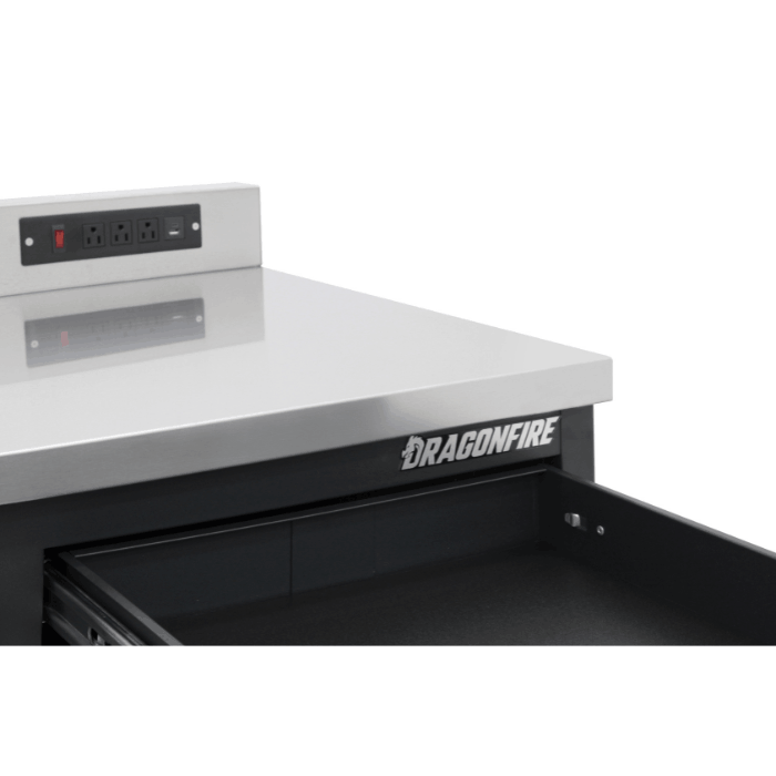Dragonfire logo close-up on stainless top of the gray Pro Series 7ft 24 drawer workbench, model DFT-WB-24