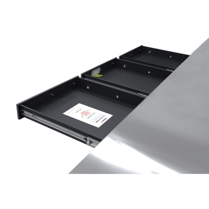 Dual pull-out trays under the stainless top on the gray Dragonfire 9ft workbench, Pro Series DFT-WB-18 with power strip