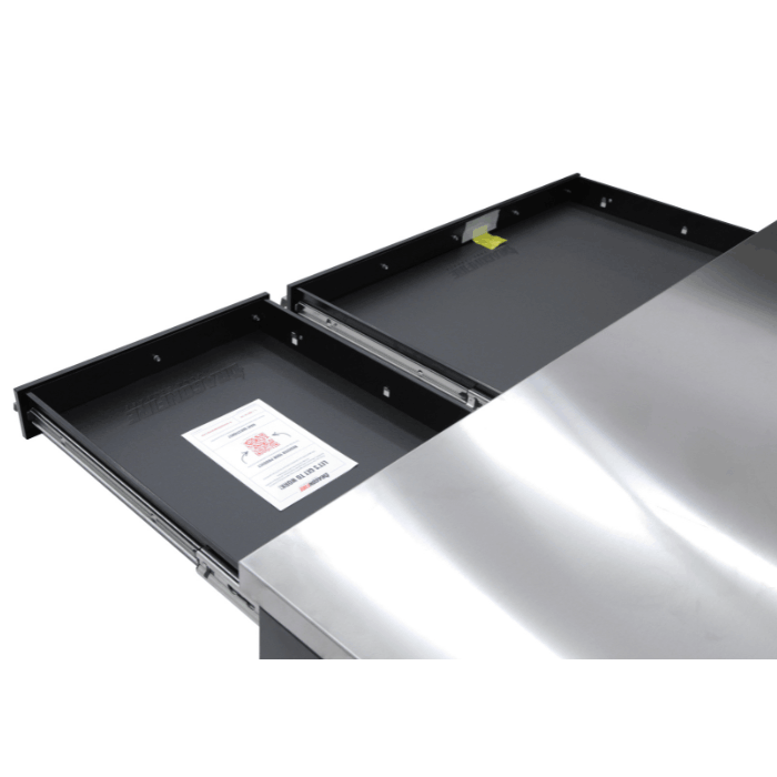 Dual pull-out trays under the stainless top on the gray Dragonfire Pro Series 7FT workbench, DFT-WB-17 with power strip