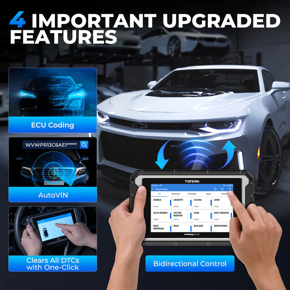 ECU coding, AutoVIN, one-click DTC clearing, and bidirectional control features on TOPDON ArtiDiag900 BT