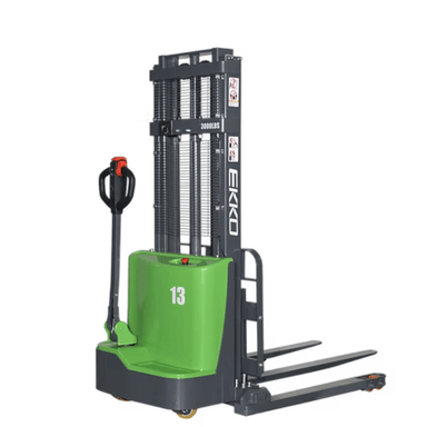 EKKO EB13C-98Li lithium electric straddle stacker with ergonomic handle and adjustable forks