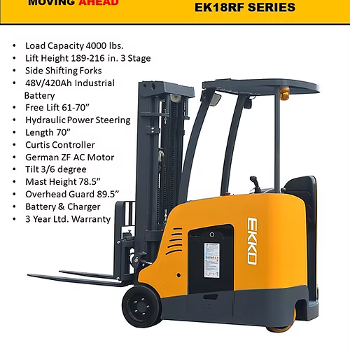 EKKO EK18RF stand-up rider forklift with 216-inch lift height and 4,000 lb capacity in orange finish