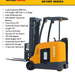 EKKO EK18RF stand-up rider forklift with 216-inch lift height and 4,000 lb capacity in orange finish