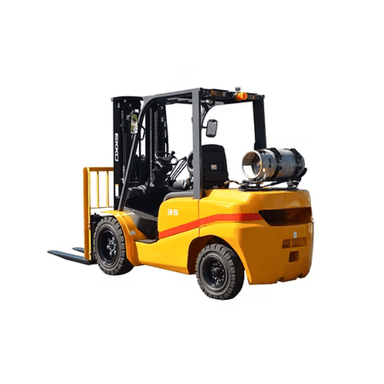 EKKO EK35TLP 7,000 lb LPG forklift with solid pneumatic tires shown from rear driver-side view and mounted propane tank.