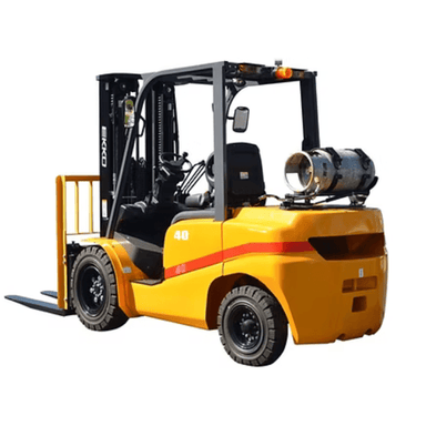 EKKO EK40TLP 8,500 lb forklift with solid pneumatic tires and rear LPG tank, angled view highlighting operator cabin and frame.