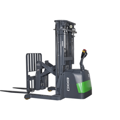 Ekko 3300 lb electric reach truck with extended forks and steel chassis, ideal for stacking in narrow warehouse spaces 