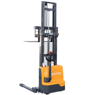 Ekko EB12E 2,640 lb Electric Straddle Stacker with adjustable forks and legs for versatile pallet handling.