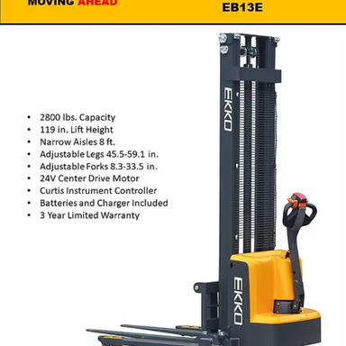 Ekko EB13E-138 electric straddle stacker with 2,800 lb capacity and 138 inch lift height