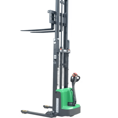 Ekko EB13ES-LI lithium side-shift straddle stacker with forks raised and 119 inch lift height