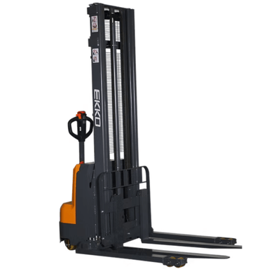 Ekko EB14C electric straddle stacker side view with adjustable forks and legs