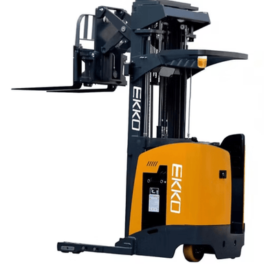 Ekko EK18RRL electric reach truck with 196-inch triple-stage mast shown from front-left angle in industrial orange finish