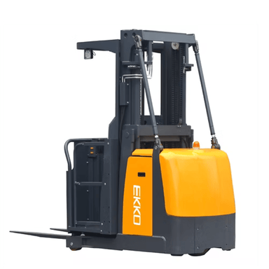 Ekko EOP68 2,200 lb electric order picker with steel frame, orange rear panel, and adjustable forks