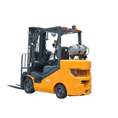Ekko’s EK30SLP LPG forklift with 6,000 lb capacity, rear view showing dual fuel tank setup, safety lighting, and compact design