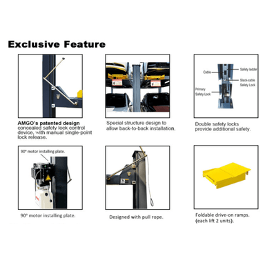 Exclusive AMGO 408-HP lift features like concealed safety lock, dual safety system, and foldable ramps
