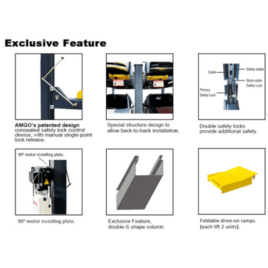 Exclusive AMGO 408-P 4 post lift features including concealed safety locks, foldable ramps, and double-S columns