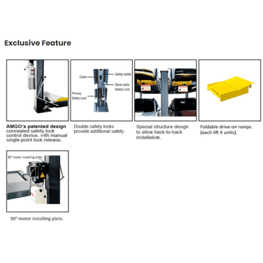 Exclusive AMGO 409-DP lift features including concealed safety locks, dual safety system, and foldable ramps
