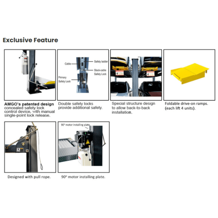 Exclusive AMGO double wide 4-post lift features including safety locks, ramps, and motor plate