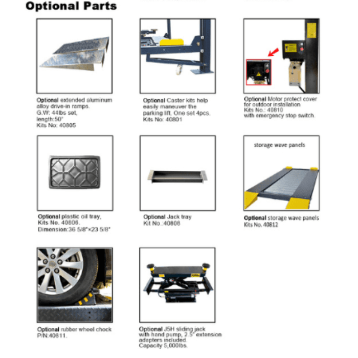 Feature breakdown of AMGO 407-P 4-post lift with add-ons like caster kits and oil trays
