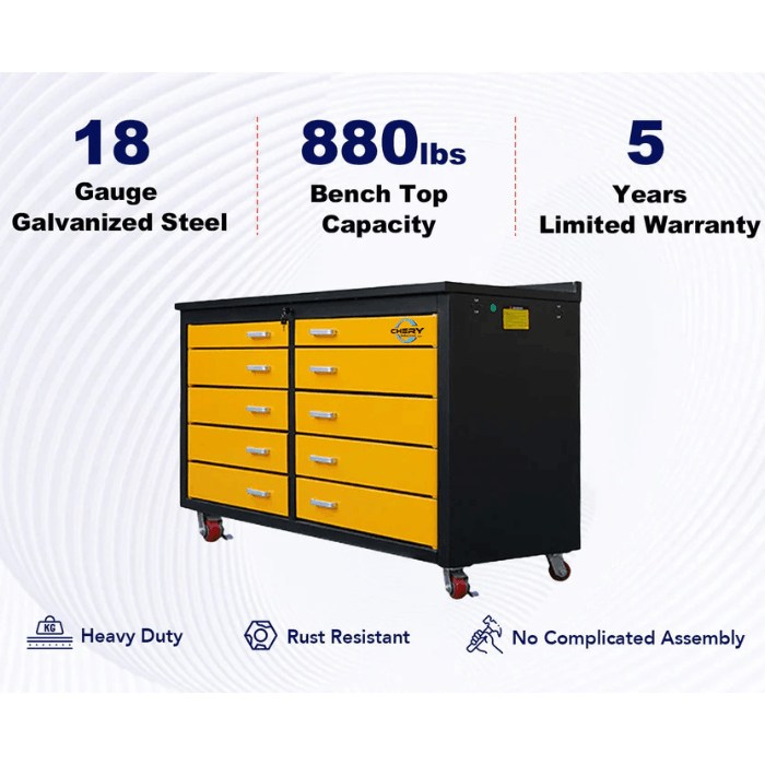 Feature graphic highlighting Chery Industrial 6ft mobile workbench 18 gauge steel and 880 lb capacity