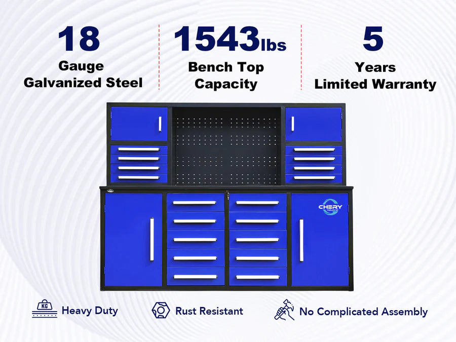 Feature graphic of Chery Industrial 7 foot garage workbench with 18 drawers, 4 cabinets, pegboard, and 1543 lb top capacity rating