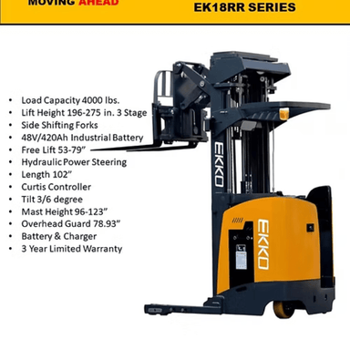 Feature overview of the Ekko EK18RR Reach Truck, highlighting its 4000 lb capacity, triple mast, side-shifting forks, and 275-inch lift height.