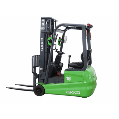 Forward angle of the green Ekko EK16A-216Li forklift, showing off its high-reaching mast and open operator cabin.