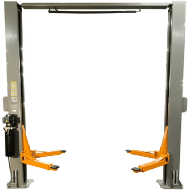 Front-facing shot of the Triumph NTO-11A Overhead Two-Post Auto Lift, highlighting its grey steel columns, bright orange arms, and a top bar for maximum undercar clearance.