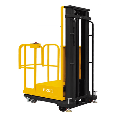 Front-left angle of the Ekko 440 lb Electric Order Picker featuring safety rails, polyurethane wheels, and compact chassis for tight aisle navigation.