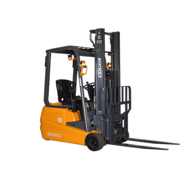 Front-side view of the Ekko EK16A-177 forklift highlighting its mast assembly, fork position, and tight-turning 3-wheel chassis.