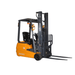 Front-side view of the Ekko EK16A-177 forklift highlighting its mast assembly, fork position, and tight-turning 3-wheel chassis.
