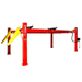 Front-three-quarter shot of the red AMGO PRO-18A 18,000 lb alignment four-post lift with yellow ramps deployed, diamond-tread decks, and integrated safety locks