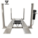 Front approach of the Triumph NSS-8 8,000 lb Four-Post Car Lift, featuring diamond-plate runways, four upright columns, and a side-mounted hydraulic power unit for secure vehicle hoisting.