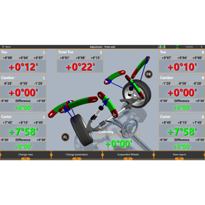 Front axle measurement display on iDEAL 3D imaging wheel aligner showing toe and caster values