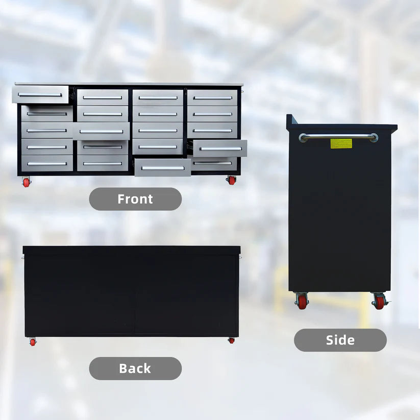 Front, back and side profile views of Chery Industrial 7ft rolling workbench with 20 drawers